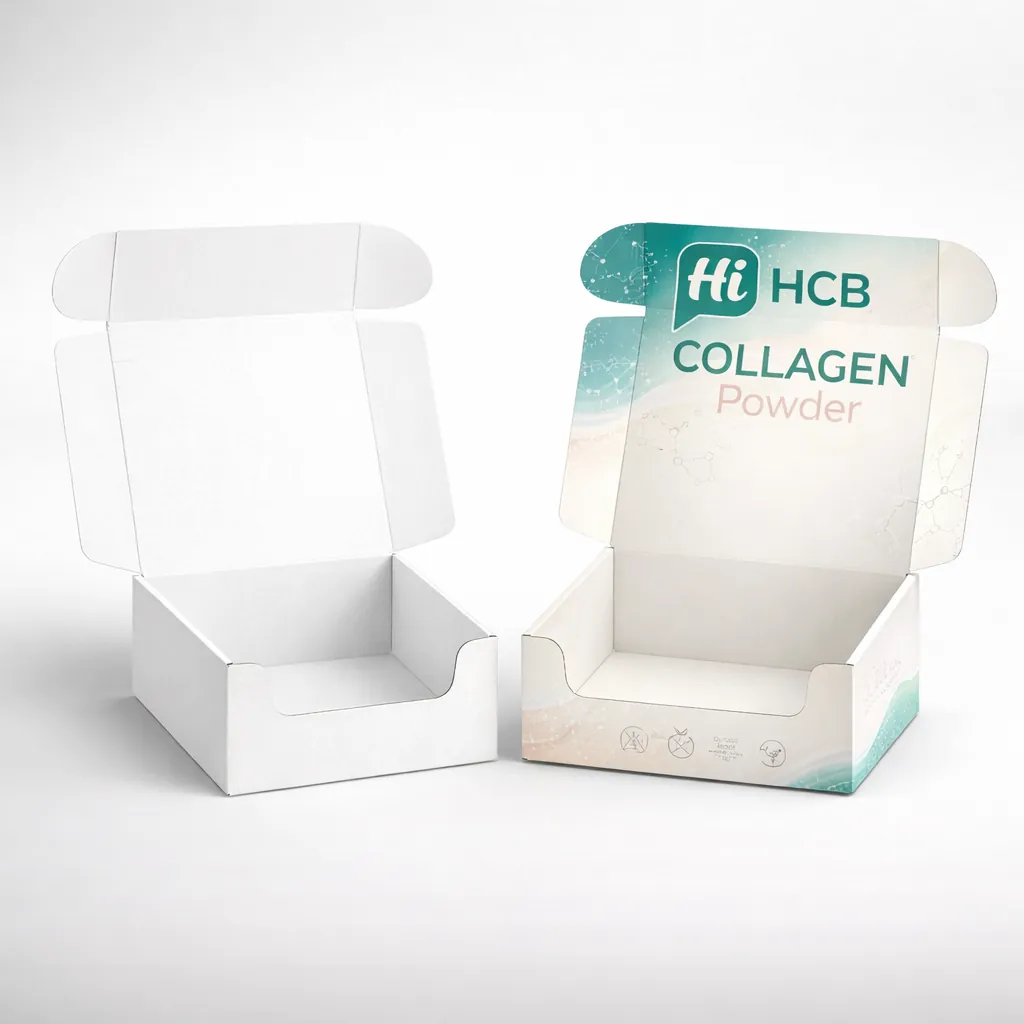 Two open mailer-style boxes with front tuck flaps, one plain white and one with brand artwork. class=